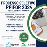 Estão abertas as inscrições para o processo seletivo do Programa de Pós-Graduação em Formação Docente Interdisciplinar (PPIFOR) da Universidade Estadual do Paraná (Unespar), campus Paranavaí. O programa é voltado para profissionais da educação, especialmente docentes da Educação Básica, que buscam aprofundar conhecimentos por meio da pesquisa acadêmica. O Programa de Pós-Graduação em Formação Docente Interdisciplinar (PPIFOR) da Universidade Estadual do Paraná (Unespar), Campus Paranavaí é voltado para você que é licenciado, atua ou deseja atuar na educação, e busca aprofundar conhecimentos por meio da pesquisa acadêmica.
