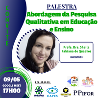 No dia 9 de maio, os mestrandos do Programa de Pós-Graduação em Ensino: formação docente interdisciplinar (PPIFOR), participaram de uma palestra enriquecedora intitulada "Abordagem da Pesquisa Qualitativa em Educação e Ensino". O evento aconteceu às 19h30, de forma online via Google Meet, e contou com a presença da Professora Doutora Sheila Fabiana Quadros, da Unicentro I - Campus Irati.
A iniciativa foi realizada em parceria entre diversas instituições de destaque, incluindo a Unespar, Capes, Unicentro, PPIFOR, além dos grupos de pesquisa GEPE e GEPPEI. A palestra fez parte da disciplina "A pesquisa e a pós-graduação" e proporcionou aos participantes uma oportunidade valiosa de aprofundar seus conhecimentos sobre metodologias qualitativas na área da educação. Foi um momento importante de troca de experiências e aprendizado para todos os envolvidos!