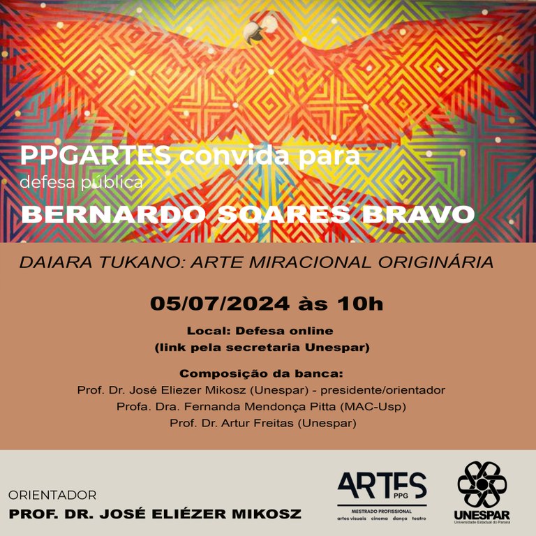 Programa de Pós-Graduação em Artes - PPGARTES, Mestrado em Artes, convida para Banca de Defesa Pública do discente Bernardo Soares Bravo. Programa de Pós-Graduação em Artes - PPGARTES, Mestrado em Artes, convida para Banca de Defesa Pública do discente Bernardo Soares Bravo.