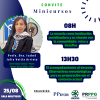 Programa de Mestrado em Ensino: Formação Docente Interdisciplinar (PPIFOR), da Unespar, campus Paranavaí, compartilha a visita da Prof. Dra. Isabel Julia Veitia Arrieta ao Brasil. A vinda ocorrerá de 25 a 27 de agosto de 2025. Durante esse período, ela ministrará minicursos, participará de banca, realizará palestras e discussões com docentes e alunos. A docente tem um largo currículo com experiências na graduação e pós-graduação, pesquisa, extensão, escola primária. A sua vinda ocorre por meio do edital 19/2025 da PRPPG/Unespar. 
- Programação: 25/08/2025 - Das 8h às 12h: Minicurso “La escuela como institución socializadora y su vinculo con la comunidade: retos y desafios” - Das 13h30 às 17h30: Minicurso “El acompañamiento al docente. Alternativas metodológicas para su preparación em el contexto actual” - Das 19h30 às 21h: Palestra a alunos da graduação do campus com a temática “Políticas y prácticas de formación docente en la escuela primaria” --- 26/08/2025 - Das 8h às 12h: Banca de Qualificação de Letycia Medeiros Soares - Das 15h às 17h: Reunião aberta com coordenadores de cursos e docentes do PPIFOR --- 27/08/2025 - Das 8h às 9h30: Palestra aos alunos da graduação do campus com a temática “Políticas y prácticas de formación docente en la escuela primaria” - 

A participação da Profa. Dra. Isabel Julia Veitia Arrieta reforça o compromisso do PPIFOR e da Unespar com a internacionalização na pós-graduação, discussões transnacionais e a formação docente de excelência por meio de intercâmbio acadêmico internacional.